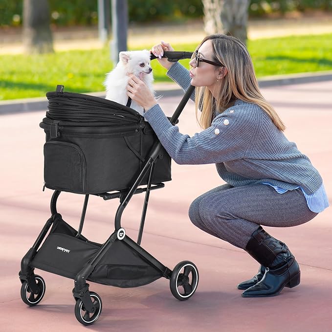T4 Pet Stroller for Small Medium Dogs, Cat Strollers for 2 Cats, 4 Wheels Folding Pet Stroller for Cats with Pad, Canopy and Cup Holder, Black