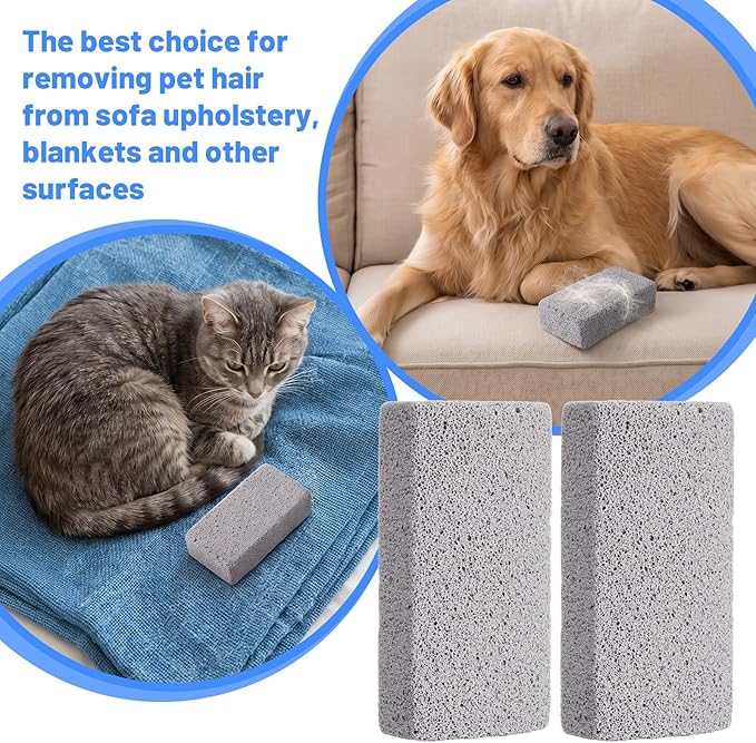 2 Pcs Pet Hair Remover Pumice Stone Dog Cat Fur Removal Cleaner Pet Hair Block Cleaning Tool for Car Interior Couch Furniture Bedding Carpet Household Pets Grooming Supplies(3.94 x 2 x 1.38 Inch,Gray)