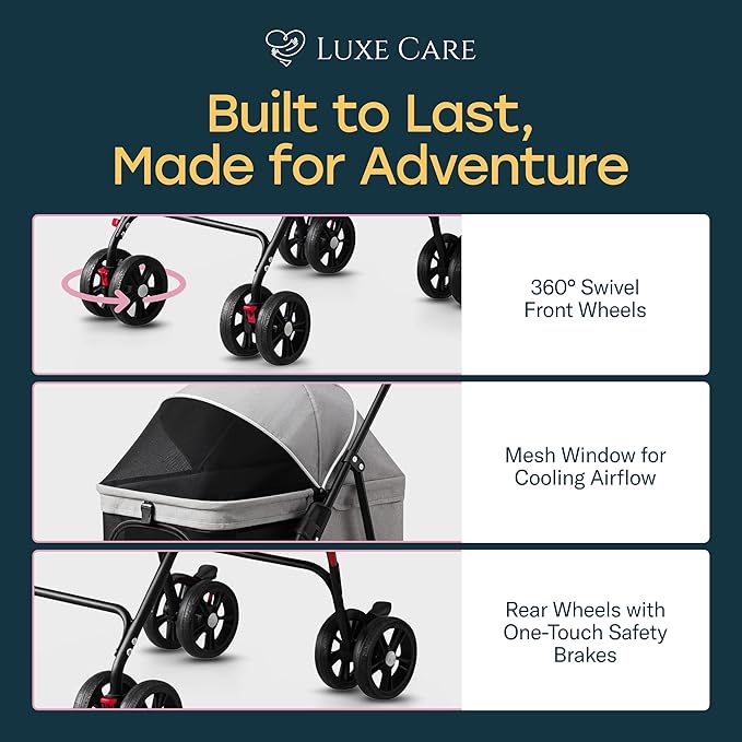 4 Wheel Foldable Pet Stroller - Lightweight Dogs and Cats Stroller Upto 44lbs with Mesh Canopy, Storage Basket and Cup Holder, Durable for Walks and Outings (Small)
