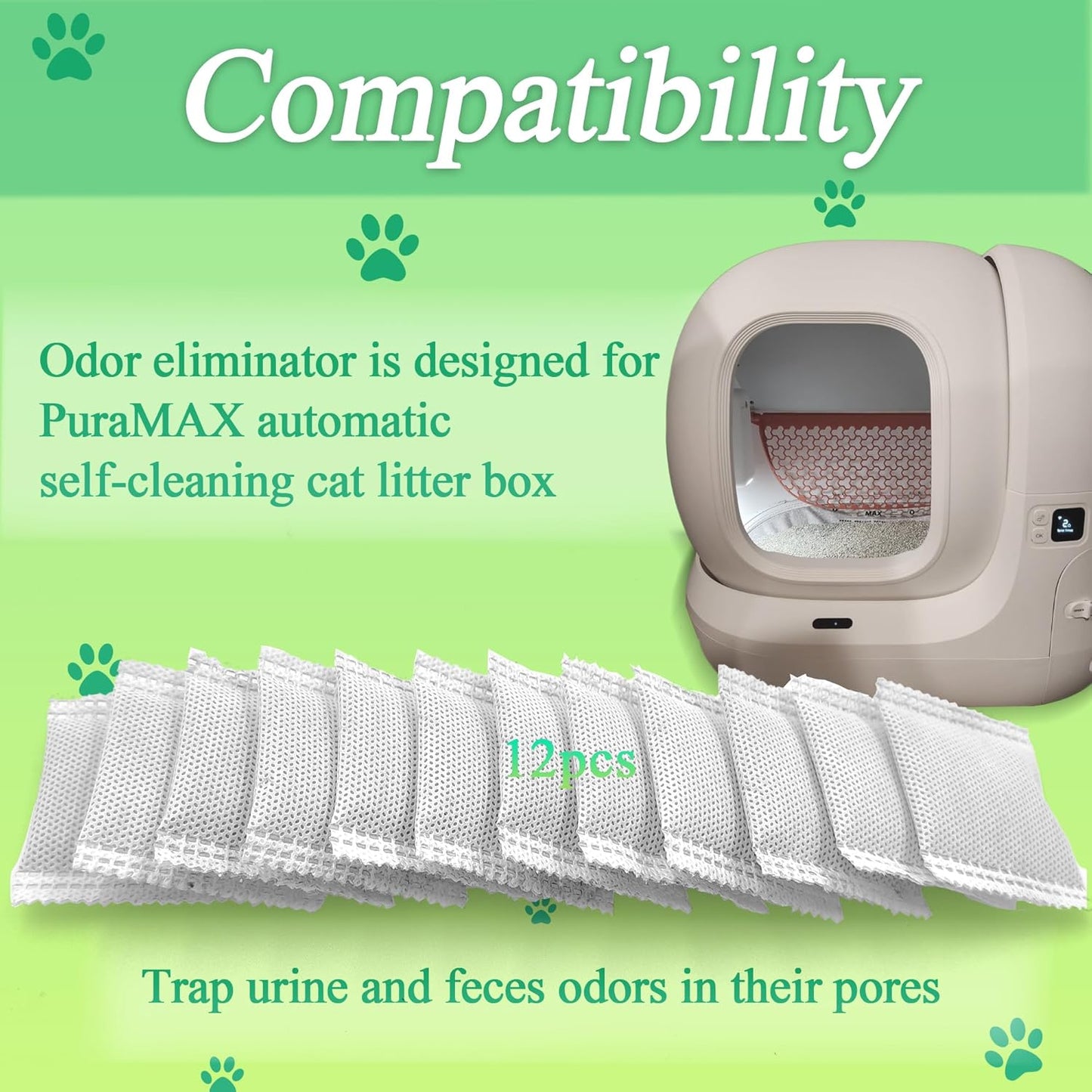 12 Pack Odor Eliminator for PuraMax Self-Cleaning Cat Litter Box, Natural Activated Charcoal Filters Refills, Cat Toilet Odor Control Replacement for Automatic Litter Box