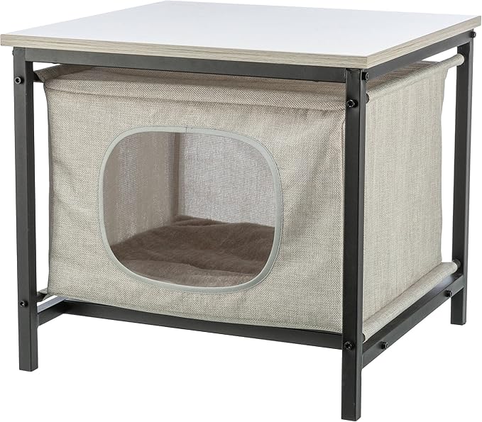 Trixie Emmie Indoor Cat Condo, Cozy Cat House with Metal Frame and Sturdy Fabric and Cozy Cushion for Extra Comfort, Classic Style Design, Greige/Gray, Use as a Table & Nightstand
