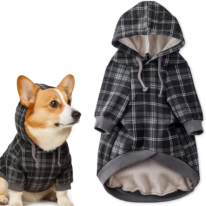 Pet Passion Rocky II - The Extra Comfy Hoodie, Organic Cotton and Recycled Poly Dog Hoodie Pet Coat Sweater for Small, Medium, Large Dogs, Black Sand Plaid, X-Large