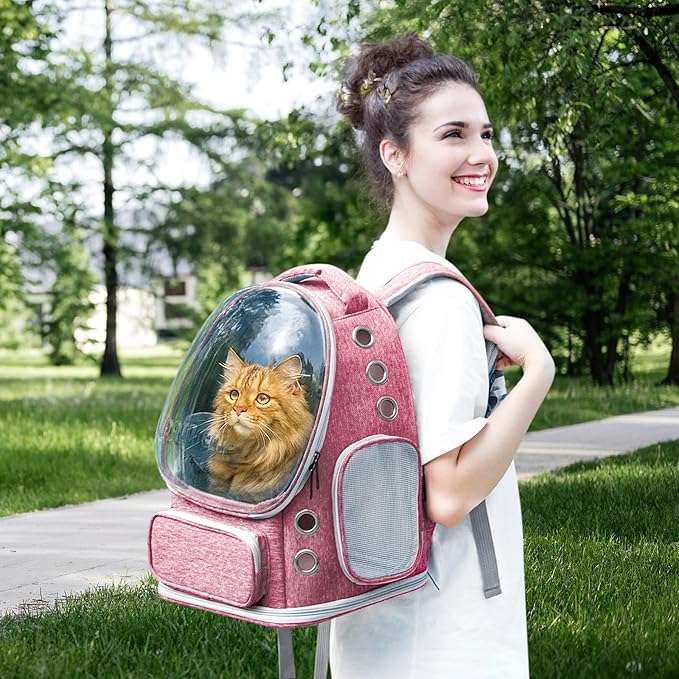Cat Backpack Carrier with Large Space Bubble Window, Airline Approved Breathable Pet Carrier for Small Dogs Cats up to 15lbs, Foldable for Travel Hiking & Outdoor Use