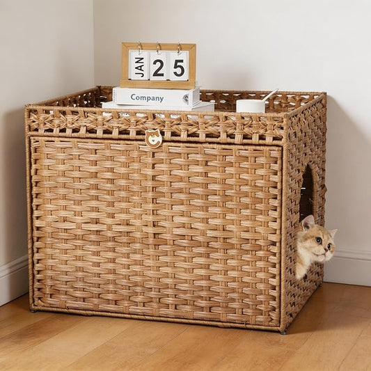 PeakPursuit Rattan Litter Box Enclosure Hidden Cat Furniture with Removable Litter Mat, Natural Cat House End Table, Easy Assembly, 27.5" l x 20.5" w x 22" h Natural Color