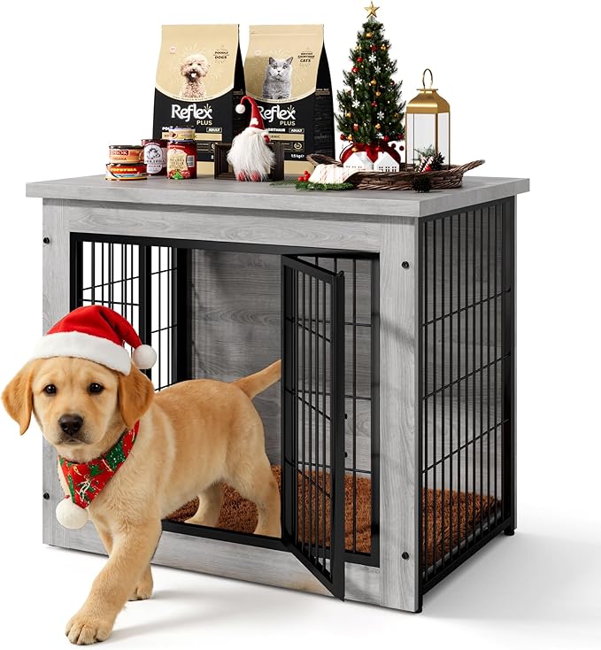 Dog Crate Furniture with Thick Cushion, Side End Table Wooden Dog Cage with Double Doors, Chew-Resistant Dog Kennel Dog House Indoor for Small to Large Dog