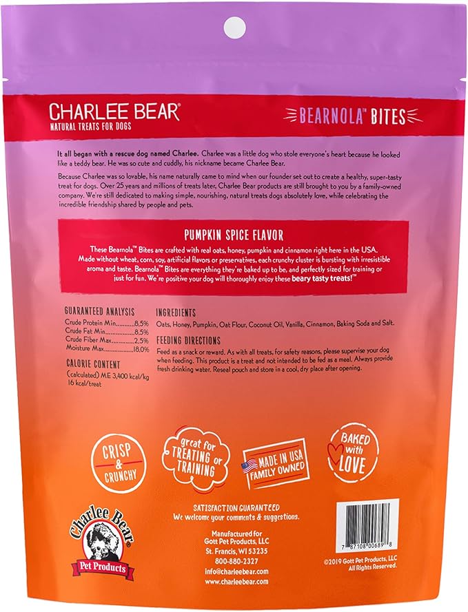 Charlee Bear Bearnola Bites Dog Treats, Pumpkin Spice Flavor, 8oz (Pack of 2)