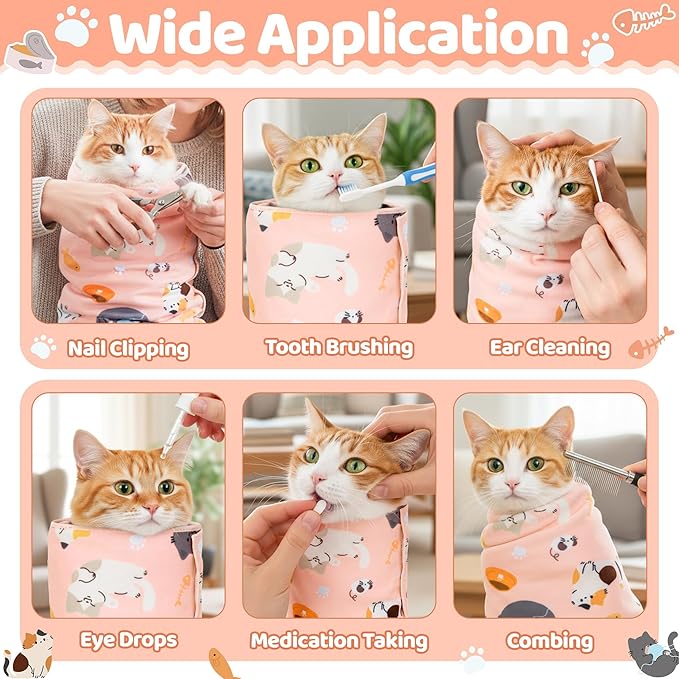 EYxsaxenk 31.5" Cat Grooming Wrap - Pink Large Self-Adhesive Cat Restraint Wrap Cutting Nails Blanket Anti-Scratch Anti-Escape Multifunctional Swaddle Pet Tool for Pet Cleaning & Beauty (Within 22lbs)