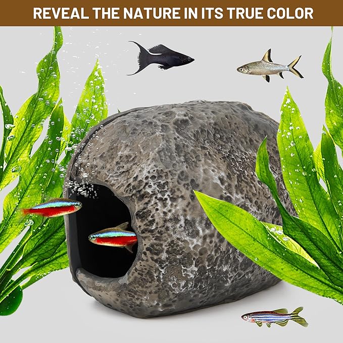 Upgraded Magnetic Detachable Aquarium Hideaway Rock Cave to Check Your Aquatic Pets to Breed, Play and Rest Safe and Non-Toxic Resin Fish Tank Viewing Hideout Ornaments