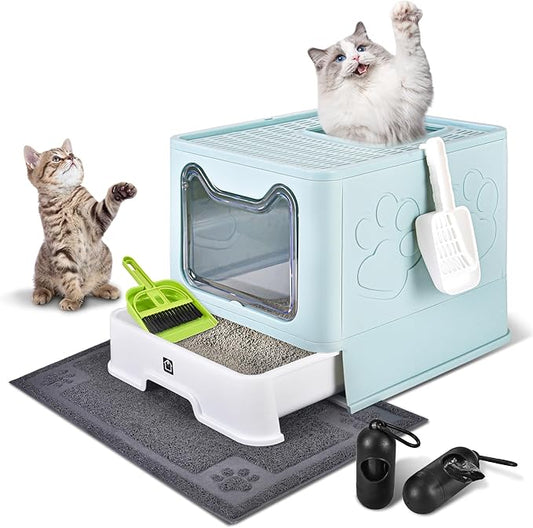 Cat Litter Box with Litter Mat, Foldable Extra Large Free in and Out/One-Way with Lid, Drawer Type Enclosed Kitty Litter Box,Odor Control Anti-Splashing Easy Cleaning (Light Blue)