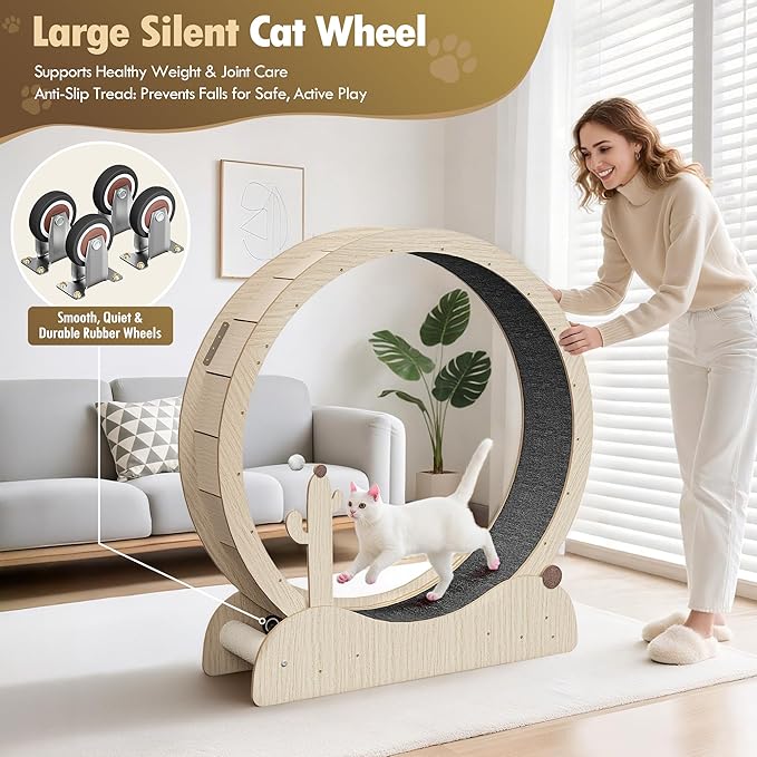 JungleA Large Cat Exercise Wheel 42.72 Inch - Spacious Cat Wheel with Detachable Teaser and Scratching Post for Indoor Cats, Featuring Safety Lock & Low Noise Design for Most Cats