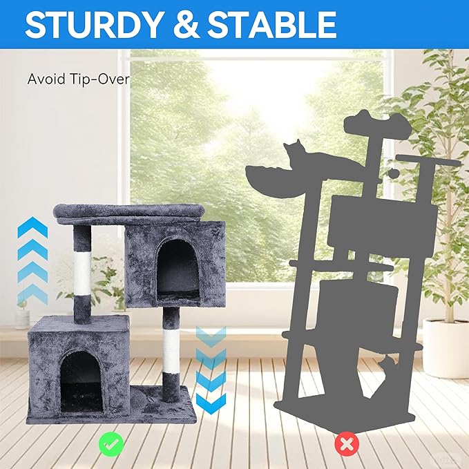 Cat Tree Tower 31 inch, 2 Plush Cat Condos, Cat Tree for Indoor Cats, Cat Scratching Post, Cat Post Scratcher with Perch, Small Cat Tower, Cat Furniture for Adult Cats, Grey