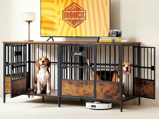 IRONCK 67" Dog Crate Furniture for 1 or 2 Dogs – Heavy Duty Dog Kennel with Adjustable Divider, Double Dog Cage as TV Stand, Rustic Brown