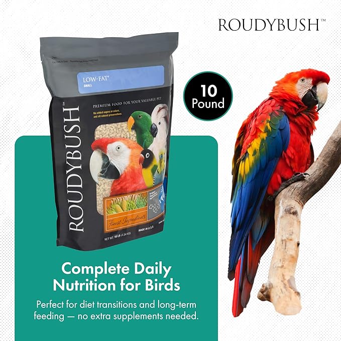 Roudybush Low Fat Food for Adult Birds & Chicks - Scientifically Formulated Bird Feed - Bird Food Pellets w/ Corn, Wheat, Soy & More - Nutritious & Healthy Feed for Birds (Small, 10lb)