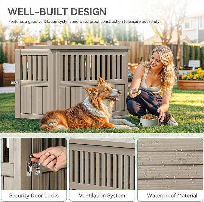 YITAHOME Plastic Dog Crate, Furniture-Style Nightstand & Side Table, Waterproof Indoor Kennel for Small to Medium Dogs, Brown