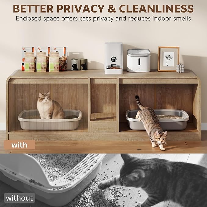 Cat Litter Box Enclosure with Litter Collector, 59'' Double Litter Box Enclosure for 2 Cats, Hidden Litter Box Furniture for Indoor Cats Large Adult, Cat House, Side Table, TV Stand, Natural