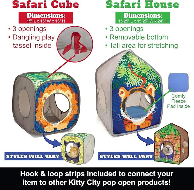 Kitty City Safari Jungle Tiger Pop-Up Cat House, Collapsible Indoor Cat Hideout with Peekaboo Openings, Lightweight Foldable Cat Playhouse