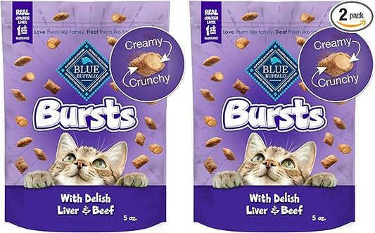 Blue Buffalo Bursts Crunchy & Creamy Cat Treats, Great for Training, Delish Liver & Beef, 5-oz Bag (Pack of 2)