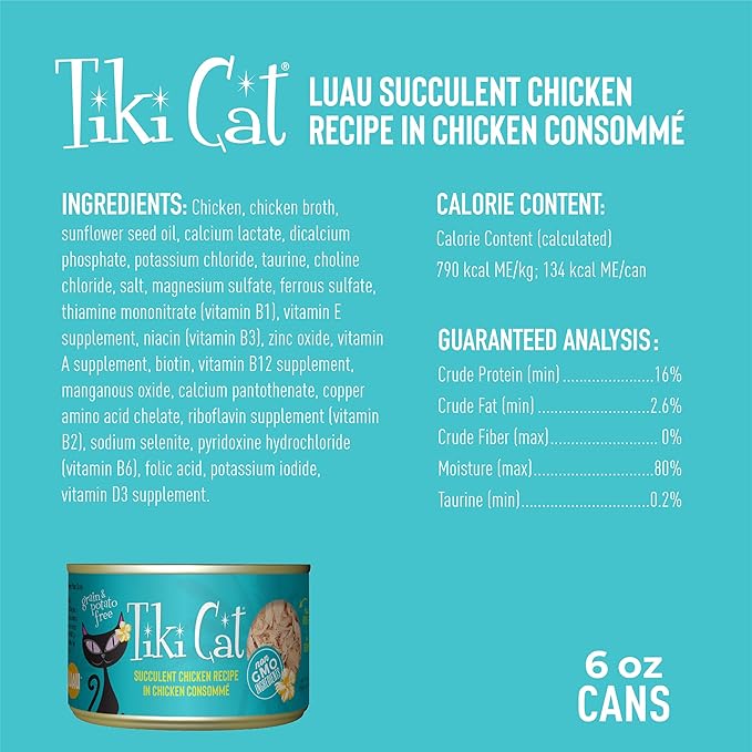 Tiki Cat Luau Wet Cat Food, Succulent Chicken, 6 oz. Cans (8 Count)