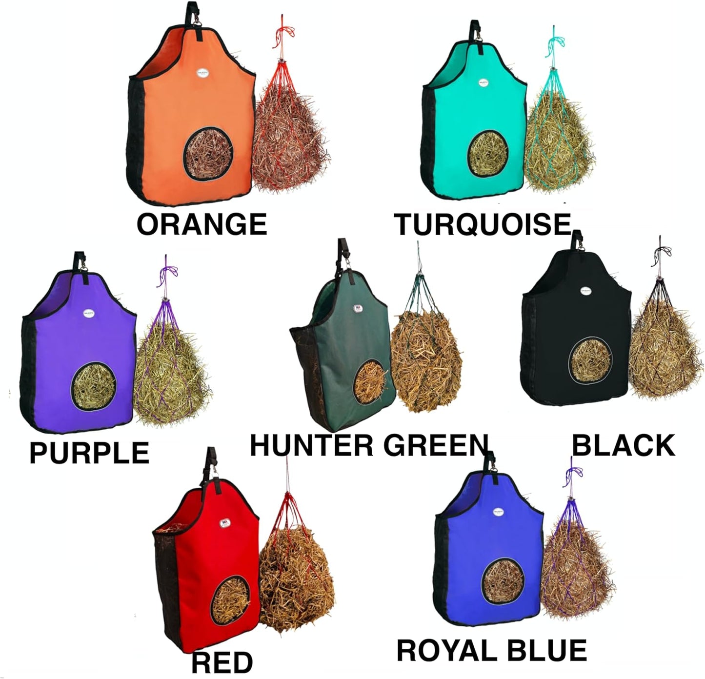 Majestic Ally 1200 D Hay Feeder Tote Bag for Horses, Sheep with Reflective Trim- Reduces Waste - Comes with 36” Hay Net (Purple)