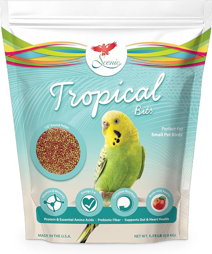 Scenic Tropical Bits Small Pet Bird Food - 3.5 lb (2 x 1.75 lb Bags) - 1/8" Bird Pellets - Complete Nutrition for Cockatiels, Budgies, Lovebirds, Conures & Lories