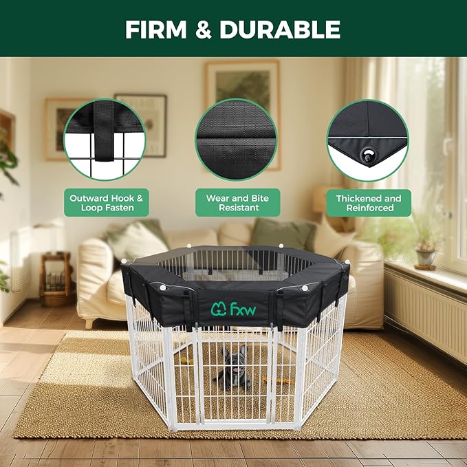 FXW Homeplus Indoor Dog Playpen with Hexagon Mesh Top Cover for Escape Prevention, 32 Inch 6 Panels Heavy Duty Dog Pen for Small and Medium Dogs, White│Patented