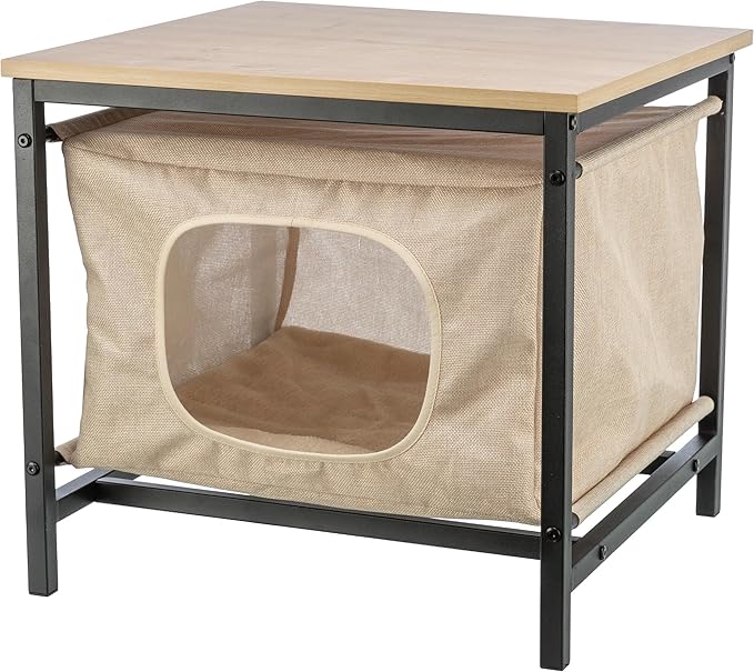 Trixie Emmie Indoor Cat Condo, Cozy Cat House with Metal Frame and Sturdy Fabric and Cozy Cushion for Extra Comfort, Classic Style Design, Natrual/Beige, Use as a Table & Nightstand