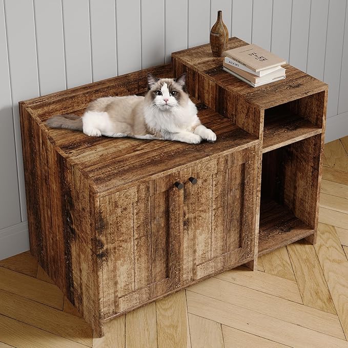 Garvee Cat Litter Box Enclosure Furniture Wooden Hidden Litter Box Cabinet with Vent Door Left Side Storage Drawer Shelf Small Storage Cabinet Raised Legs Top Protectors