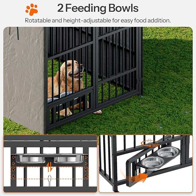 HOOBRO Dog Kennel Outdoor with Cover, 6.6 x 3.9 x 5.9 ft Dog Kennel Outside with Waterproof Roof and Rotating Feeding Bowls, Heavy-Duty Large Cage Enclosure, for Medium & Large Dogs, Black BK212GW03