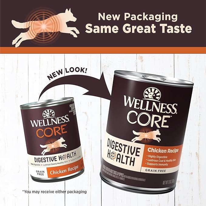 Wellness CORE Digestive Health Pate Adult Canned Wet Dog Food, Grain Free, Sensitive Stomach, Natural, Chicken Recipe, 13 oz, Pack of 12 Cans