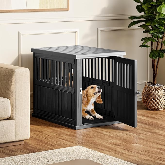 Fancyango Dog Crate Furniture End Table - Decorative Corner Dog House Table for Small to Medium Dogs, Indoor Plastic Dog Crate with Lockable Latch (Black1, 29.5" L x 21" W x 25.2" H)