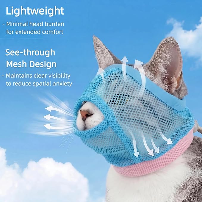 PUMYPOREITY 2 Pack Cat Calming Muzzle, Soft Breathable Mesh Cat Head Cover with Adjustable Strap, Calming & Anti-Bite Design for Grooming, Nail Trimming, Bathing and Vet Visits, Small, Blue