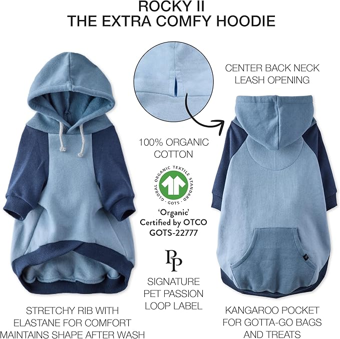 Pet Passion Rocky II - The Extra Comfy Hoodie, Organic Cotton and Recycled Poly Dog Hoodie Pet Coat Sweater for Small, Medium, Large Dogs, Navy Color Block, XX-Small