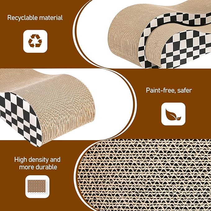 2 in 1 Cat Scratcher for Indoor Cats, Large Cardboard Cat Scratcher Lounger, 100% Recyclable&Reversible Horizontal Scratching Pads Prevents Furniture Damage,Checkerboard