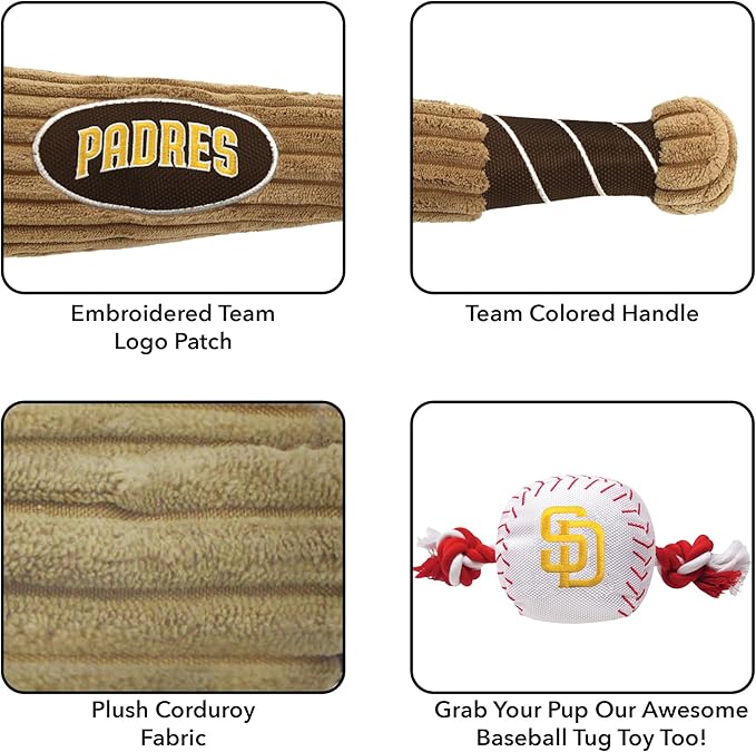 MLB San Diego Padres Baseball Bat Toy for DOGS & CATS. Soft Corduroy Plush Dog Toy with Inner SQUEAKER, MLB Chew Toys for Dogs or Cats. Durable Fun Interactive Dog Toy with Team Names and Logo