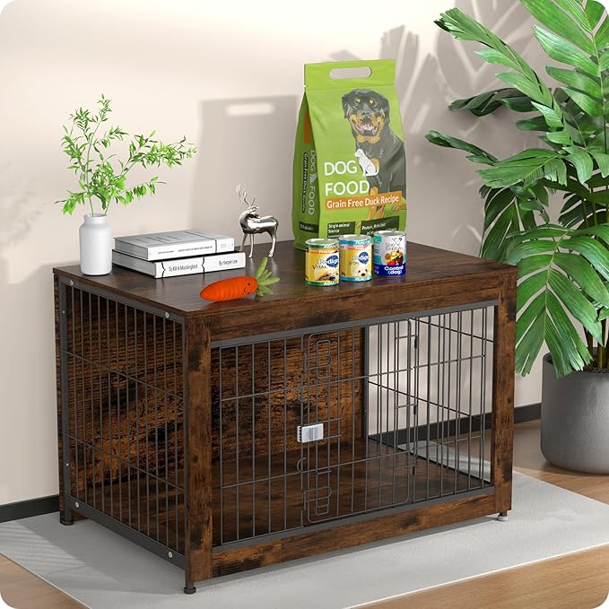 Escape Proof Decorative Dog Crate Furniture with Wooden Top, 38in Furniture Style End Table and Secure Indoor Kennel, Anti Anxiety for All Breeds, Aged Black
