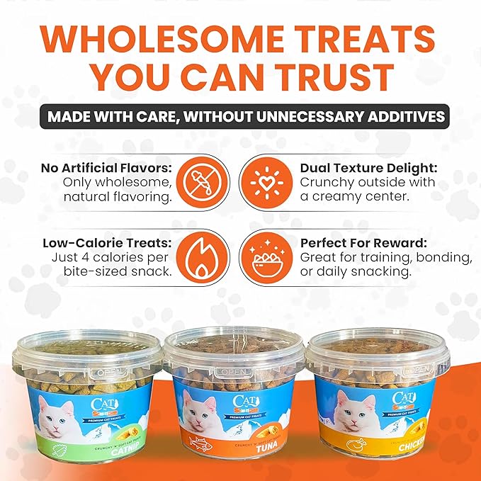 Scoochie Pet Cat by Scoochie – Assortment Flavored Cat Treats, Crunchy Outside & Creamy Inside, 3 | 8.8 oz Tubs (Tuna, Chicken & Catnip)