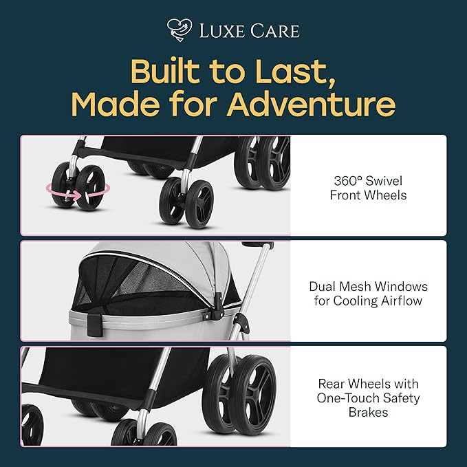 4 Wheel Foldable Pet Stroller - Lightweight Dogs and Cats Stroller Upto 50lbs with Mesh Canopy, Storage Basket and Cup Holder, Durable for Walks and Outings (Medium)