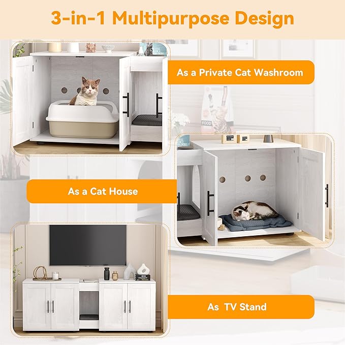 Cat Litter Box Enclosure for 2 Cats,55" Large Hidden Litter Box Furniture with Barn Door & Double Rooms,Modern Indoor Pet House TV Stand Side Table,Cats Washroom,for Bedroom Living Room,White