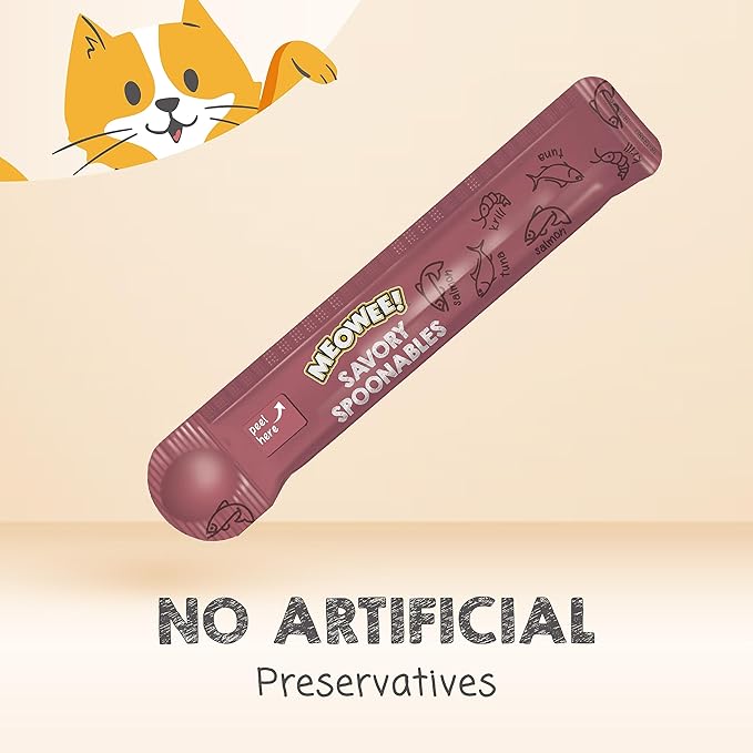 MEOWEE! Savory Spoonables with Real Salmon, Tuna & Krill, 8 Count Tube, Triple Flavor Squeezable Lickable Wet Treats for Cats with Built-in Spoon for Less Mess (Pack of 2)