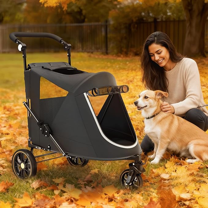 Magshion Pet Stroller for Medium Dogs w/Adjustable Handle, 3-Wheel Dog Cat Wagon w/Dual Entry, Rear Storage, Breathable Mesh, One-Foot Brake, Ideal for Large Pets up to 55 lbs, Black