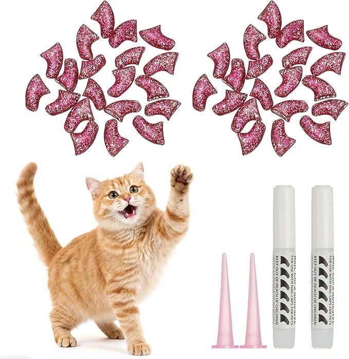 Cat Nail Caps, Cat Claw Covers with Adhesive Glue and Applicators, Kitten Claw Caps Soft Paws, (40 Pcs, XS, Crystal Pink), Intended for Pet Tips/Nail Covers/Control Paws