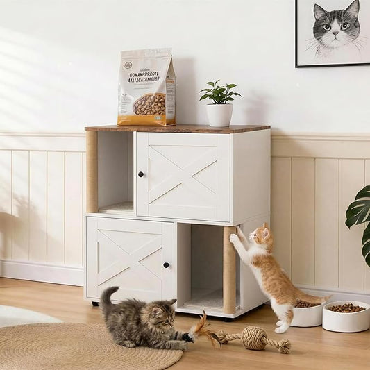Double Litter Box Enclosure for 2 Cats, 2 Tier Litter Box Enclosure Furniture with Scratching Post and Dual Mats,Wood Cat Kitty House Cabinet,Modern Style
