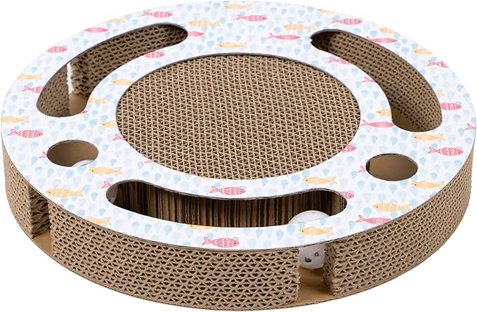 Kitty City Fish Corrugate Cat Scratcher with Ball Track Toy - Scratch Pad Lounger, Horizontal Corrugate Nail File Bed for Indoor Kittens, Kitty Enrichment & Play, 13” x 13”