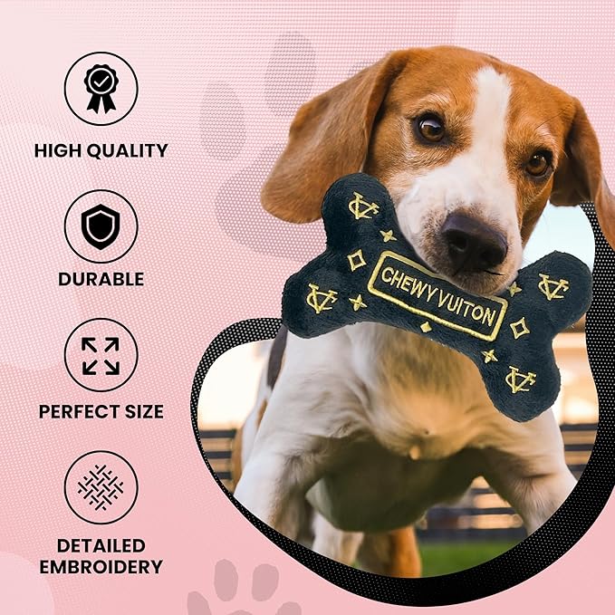 Dog Diggin Designs Chewy Vuiton Noir Plush Dog Toy Bone | Luxury-Inspired Parody Designer Bone with Squeaker, Soft Plush Chew & Play Dog Toy – Prêt-à-Porter Play!