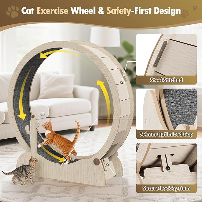 JungleA Large Cat Exercise Wheel 47 Inch - Spacious Cat Wheel with Detachable Teaser and Scratching Post for Indoor Cats, Featuring Safety Lock & Low Noise Design for Most Cats