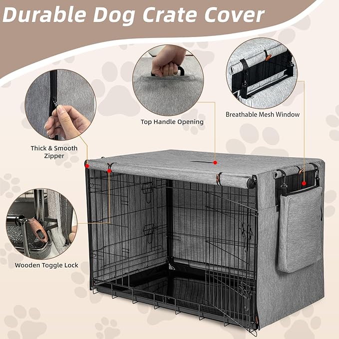 Dog Crate Cover 36 Inch, Heavy Duty Waterproof 600D Oxford Kennel Cover for Wire Cages with 1/2/3 Doors, Privacy Pet Cover with Storage Bag - Machine Washable, Indoor/Outdoor,Gray