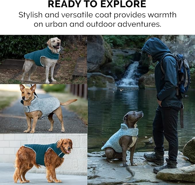Furhaven Reversible Small Dog Coat, Washable & Insulating w/ Leash Access - Two-Tone Faux Fur & Quilted Fleece Flex-Fit Jacket - Marine Blue, Small