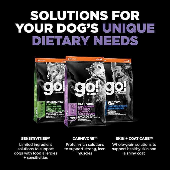 Go! Solutions Carnivore Chicken, Turkey + Duck Grain-Free Dry Senior Dog Food, Our Highest-Protein Kibble Made with Real Meat & Fish, Pumpkin & Probiotics for Good Digestion, 22 lb Bag