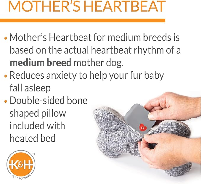 K&H Pet Products Mother’s Heartbeat Heated Puppy Bed Heated Bed + Bone Pillow Gray Medium Breed Heartbeat 13 X 16 Inches