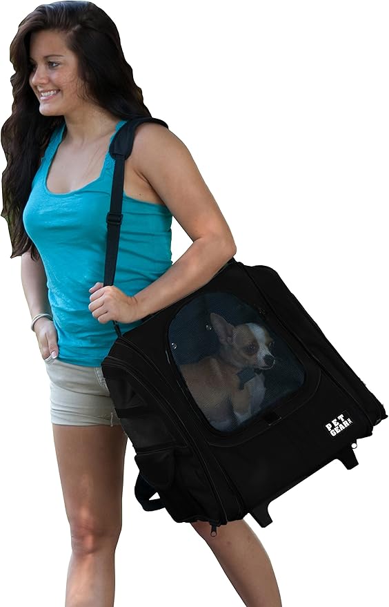 Pet Gear I-GO2 Traveler Roller Backpack, Travel Carrier, Car Seat for Cats/Dogs, Mesh Ventilation, Included Tether, Telescoping Handle, Storage Pouch, Onyx
